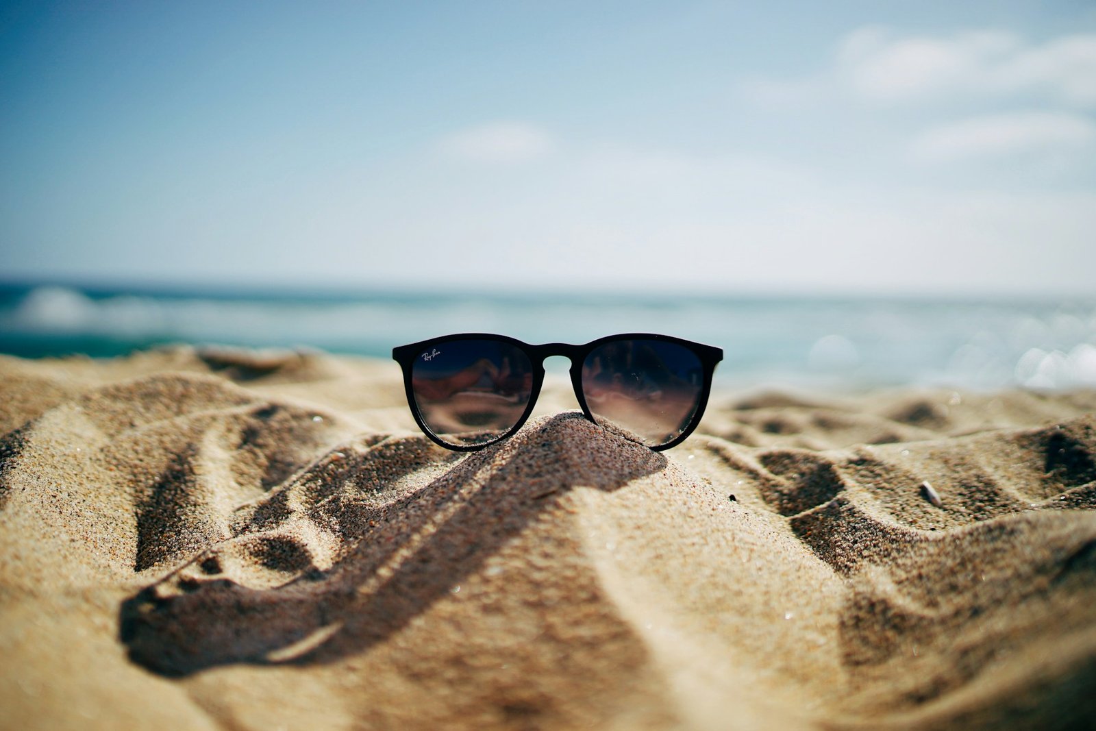 Sunglasses on the sand next to the ocean