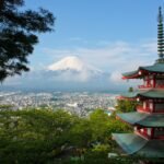 Red pagoda with Mount Fuji in the background