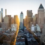 Sunrise over high rise buildings in Manhattan