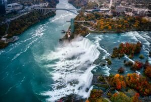 Niagara Falls in autumn with orange trees