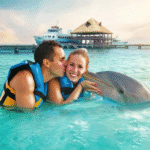 Two people swimming with dolphins in Isla Mujeres