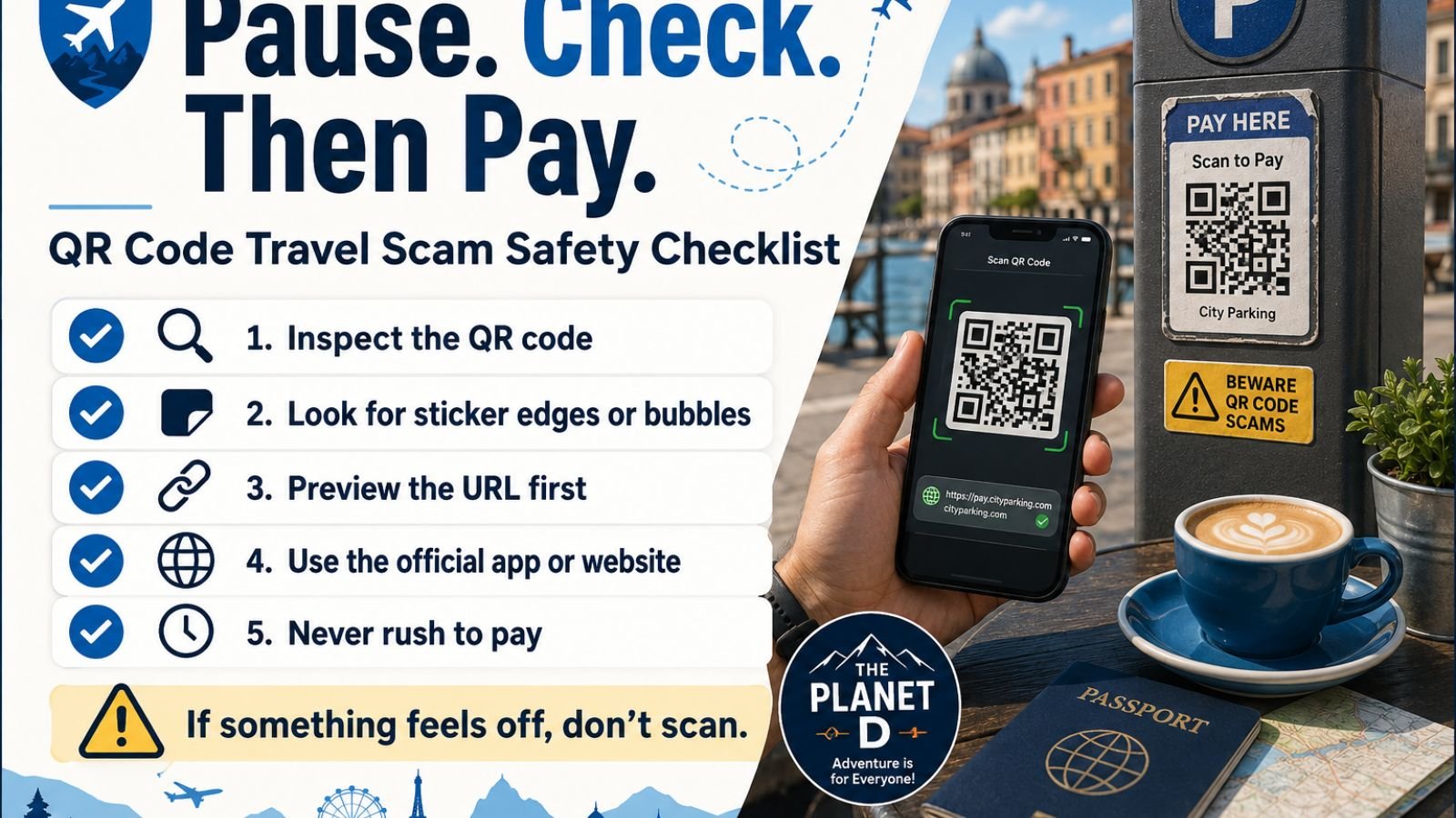 Pause Check Then Pay QR code travel scam safety checklist