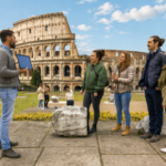 Tour guide with a tour group outside the colosseum in Rome